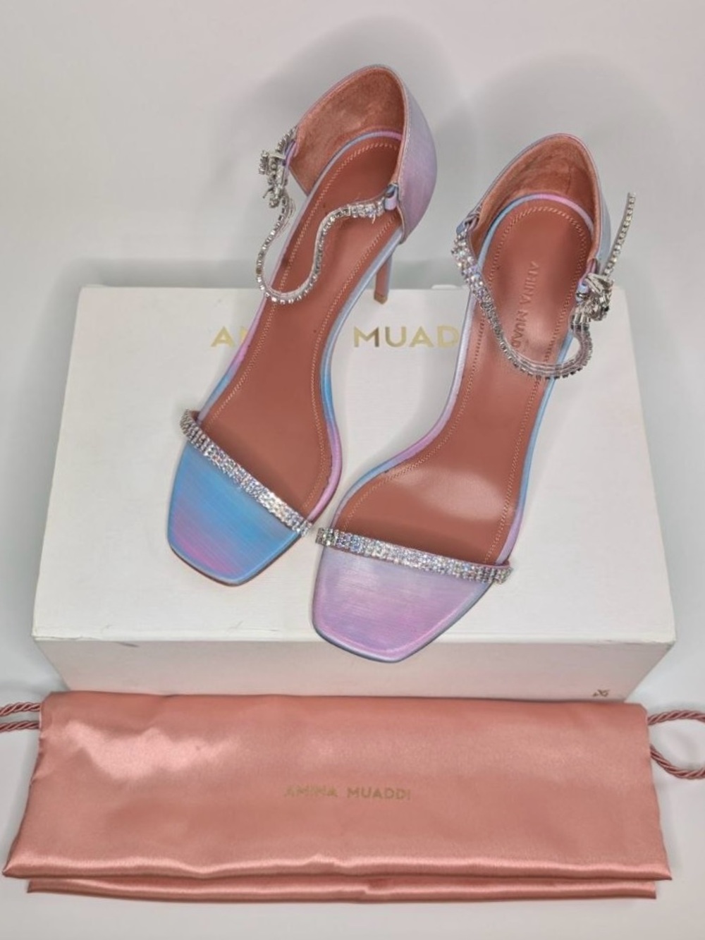 NWT Amina Muaddi Ursina Crystal Heels Sandals Rainbow IT 38 NIB Authentic - Picture 13 of 16